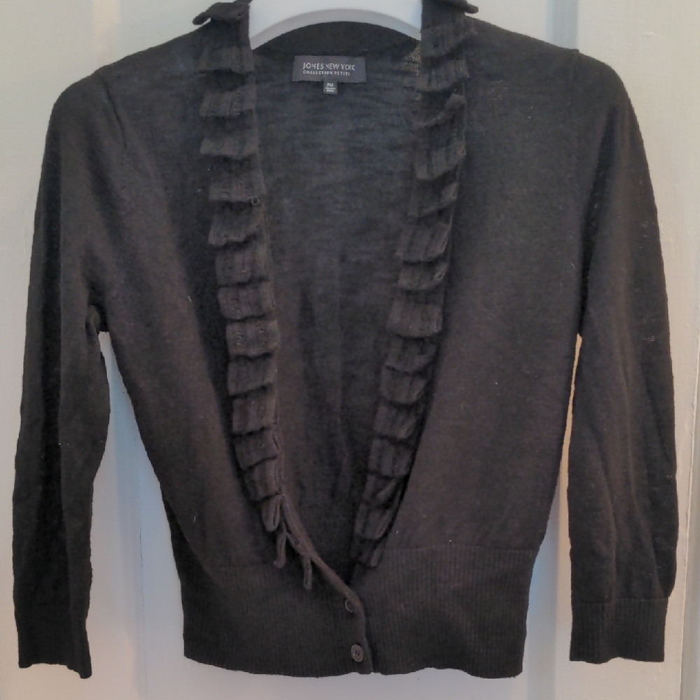 Jones New York Black Ruffle Cardigan Sweater, Layering Piece, PM, New, Linen